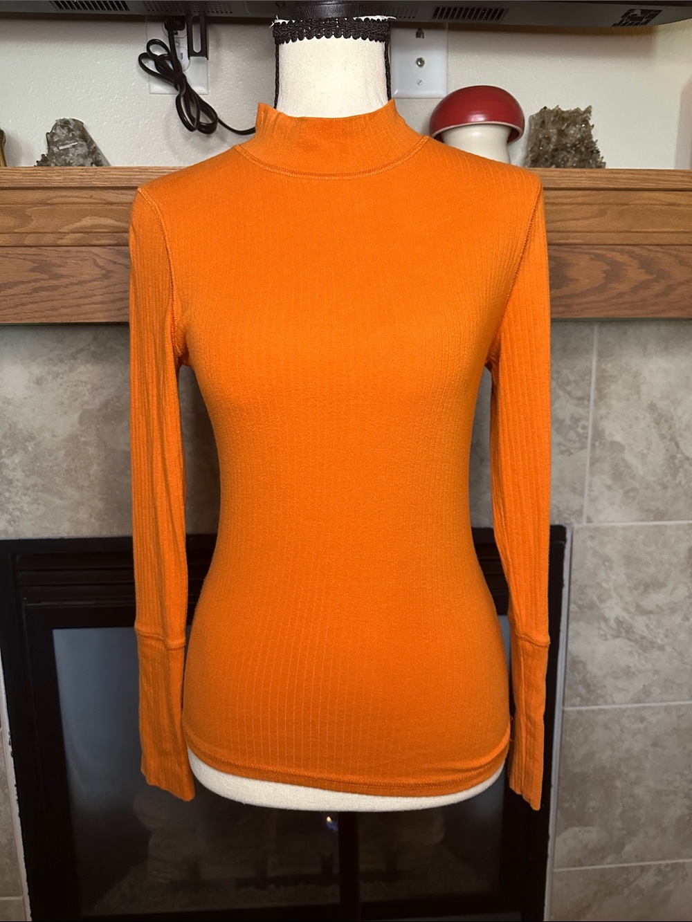 Free People Orange Ribbed Mock Neck Long Sleeve Top Women’s Size M
